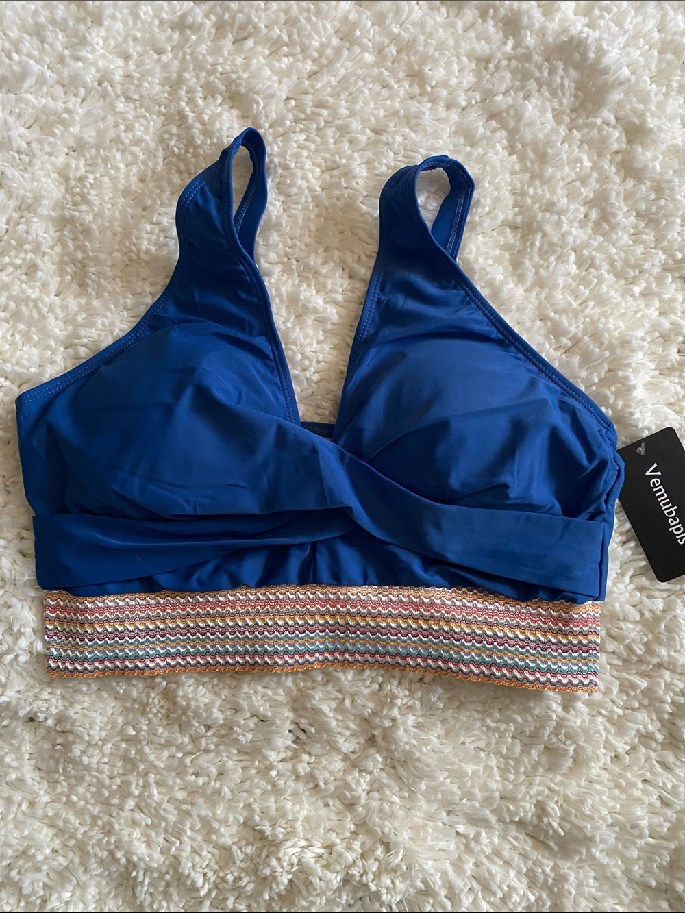 Blue One-Piece Swim Top with Multicolor Woven Band